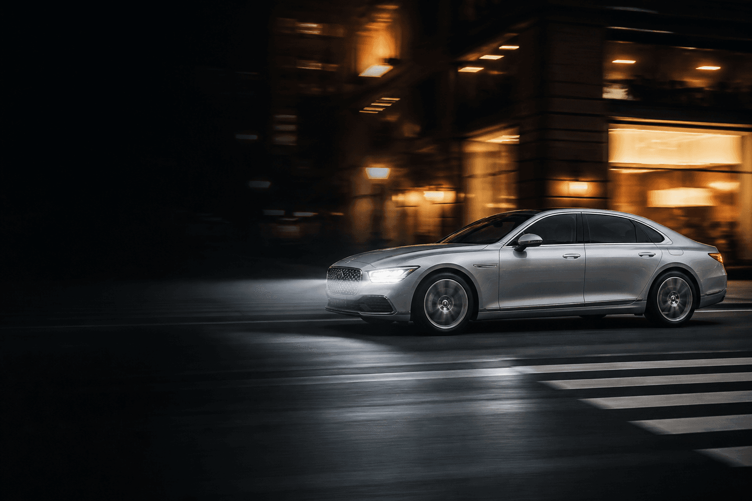 VELORIX MOTORS luxury sedan on a night city street