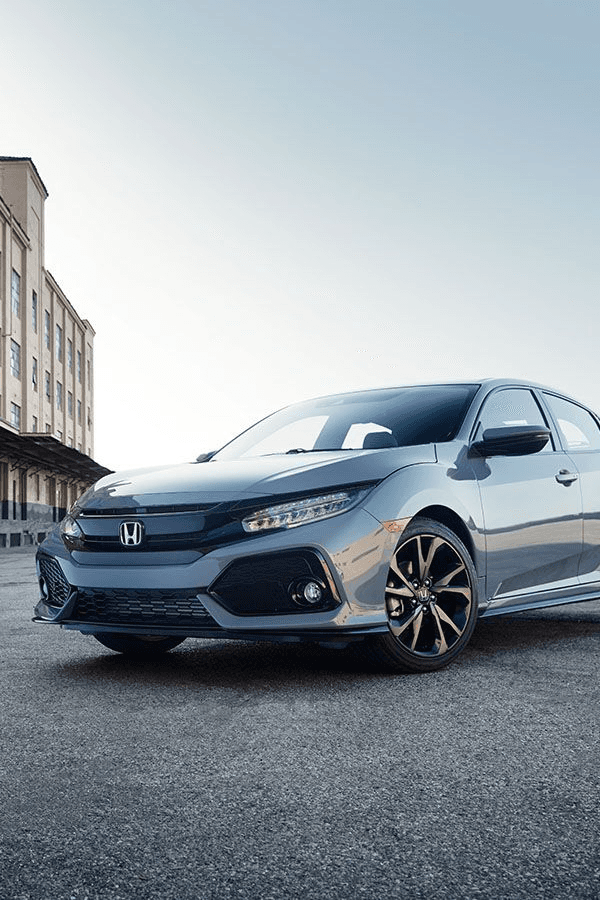 Metallic grey Honda Civic sedan, front three-quarter view